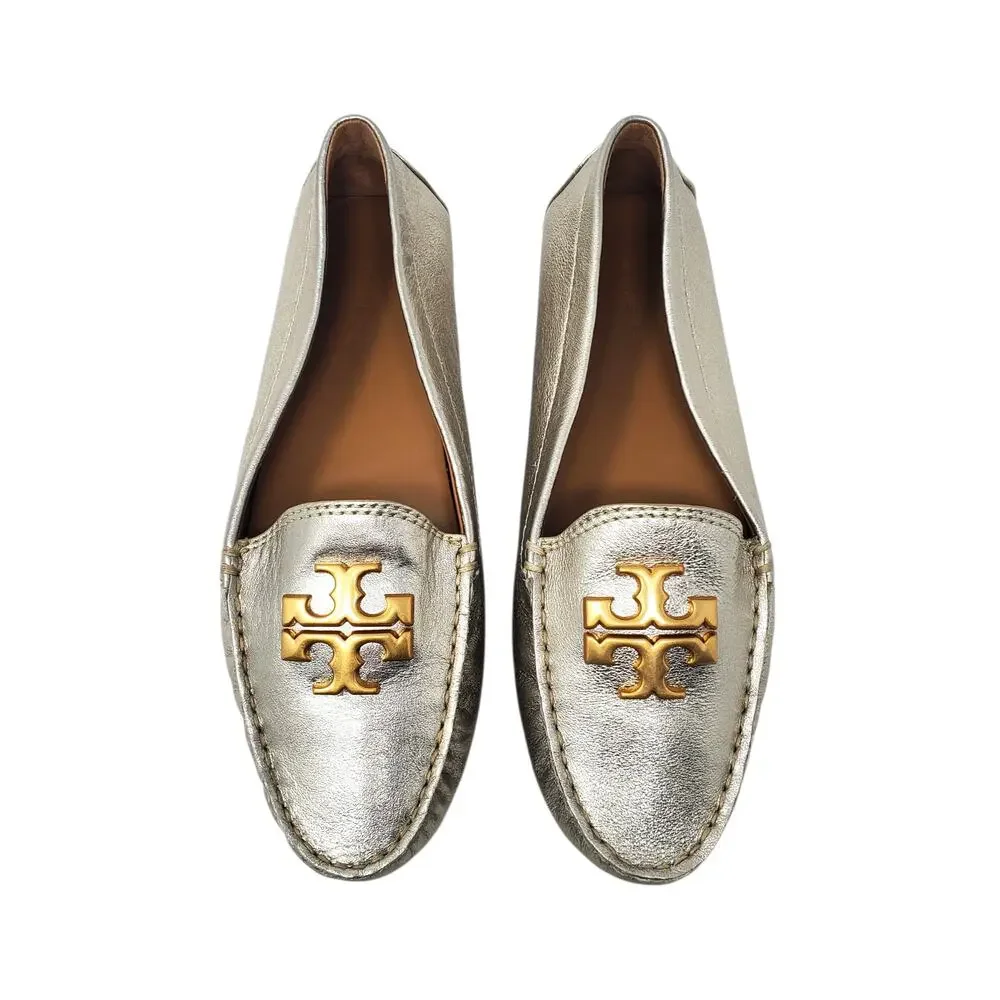 Tory Burch Everly Driver Loafer Flat Metallic Gold Leather 141377 Size US 7.5 M